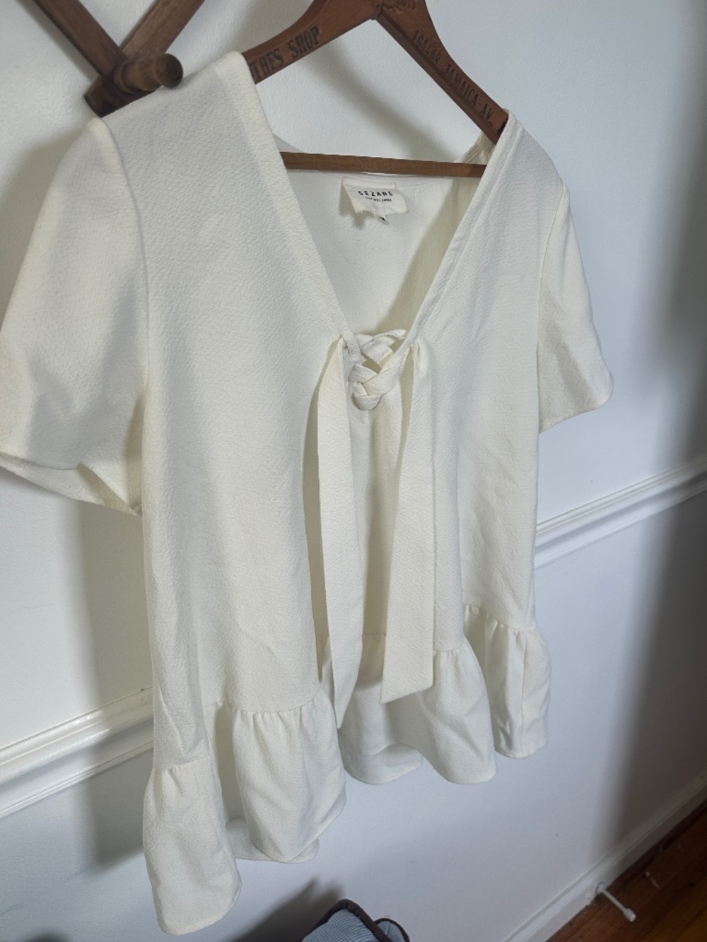 Sézane Ecru Lace-Up Ruffle Peplum Blouse 42